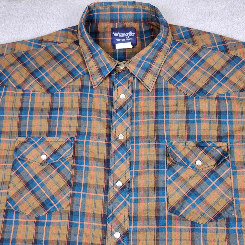 Vintage Wrangler Western Shirt Mens 3XT Brown Blue Plaid Pearl Snap Long Sleeve - Picture 3 of 8